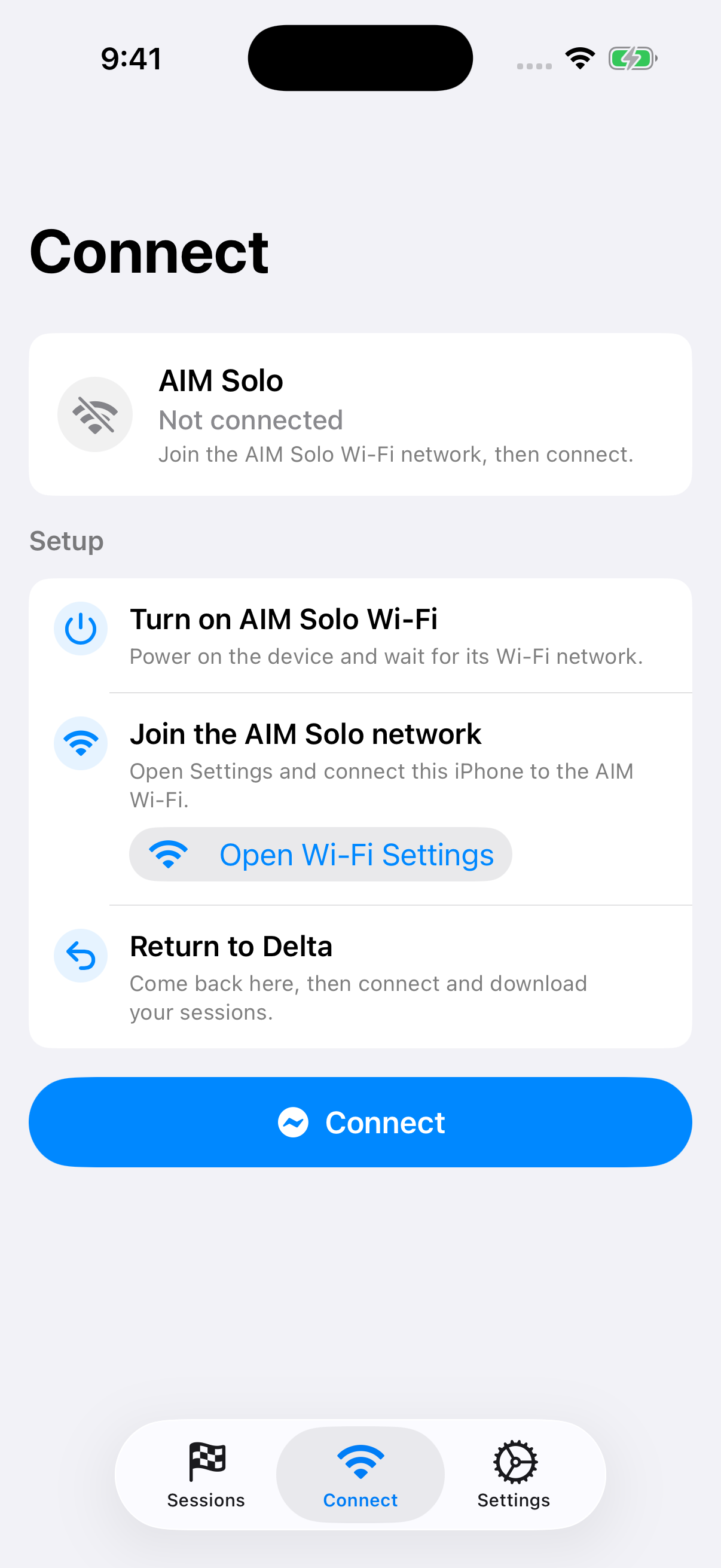 The actual Delta Connect screen showing the three steps for joining an AiM Solo over Wi-Fi.